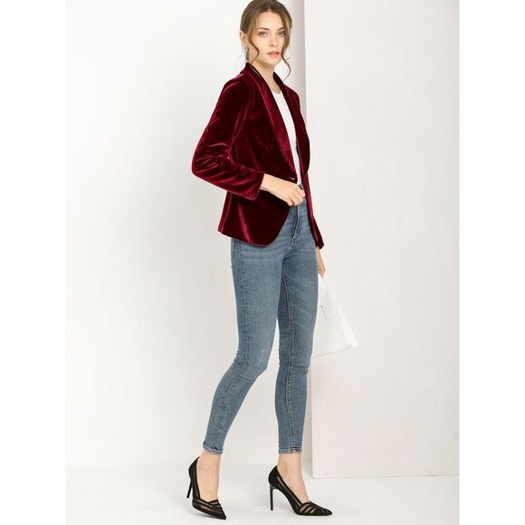 Women's Coat Solid Shawl Collar 1 Button Velvet Blazer Wine Red - Picture 4 of 6